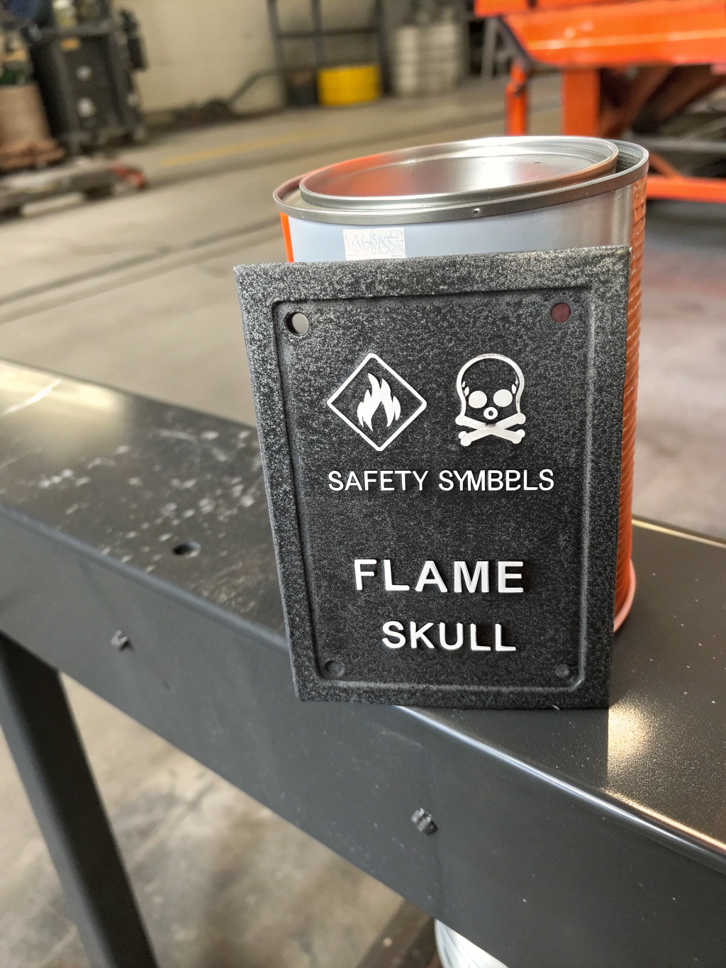 Bright orange and black arc flash warning label on a metal enclosure