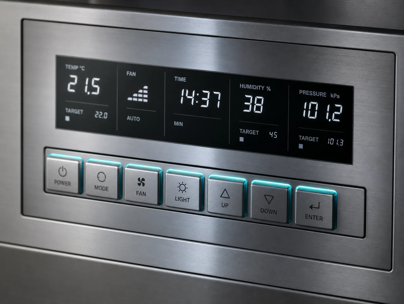 Finished brass control panel with high-contrast engraved text
