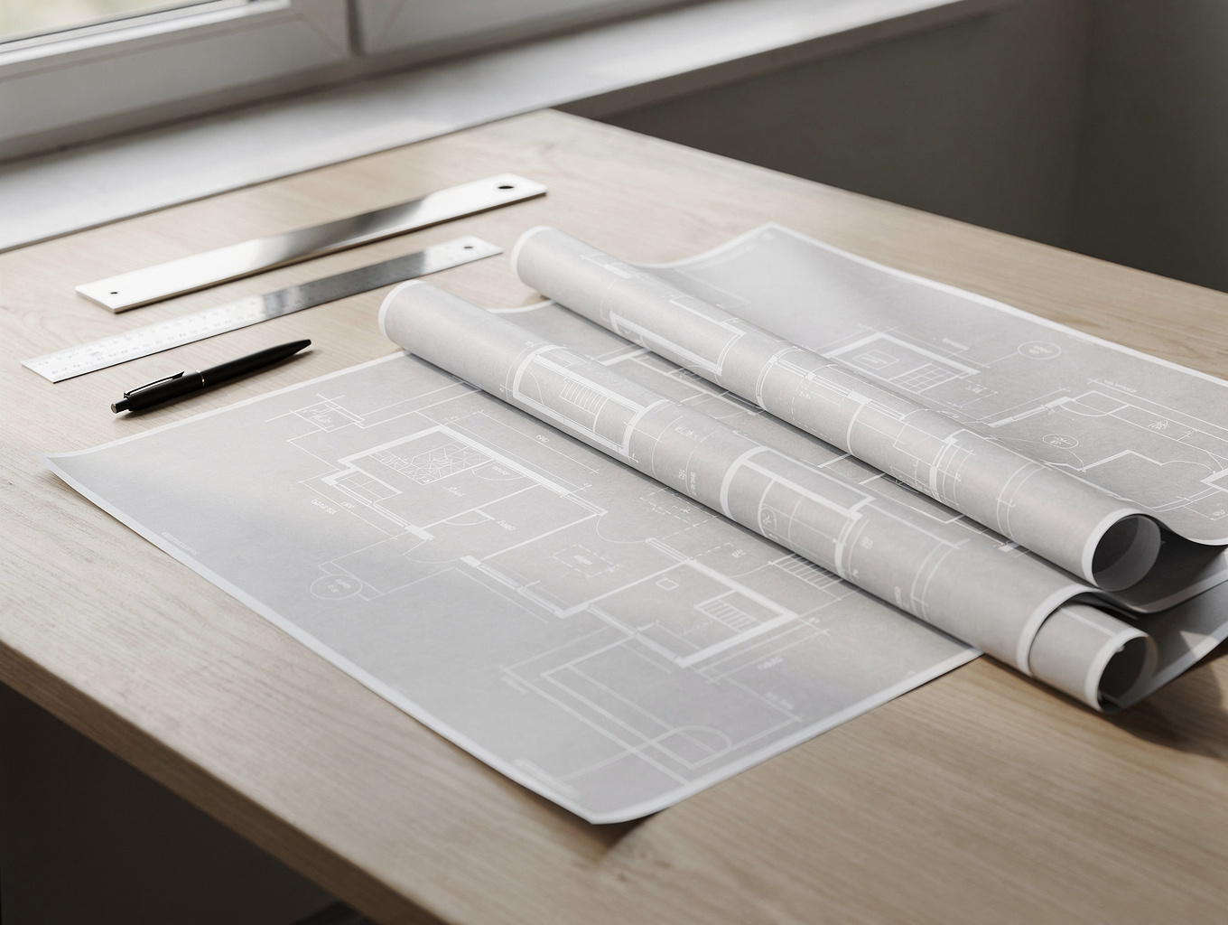 Architectural blueprints on a desk