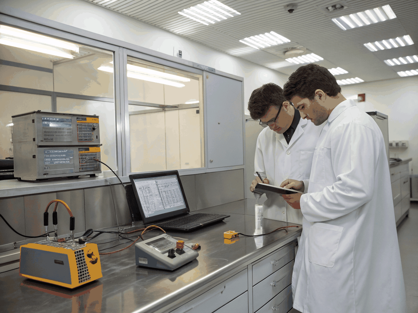 Engineers inspecting high-precision components in the laboratory