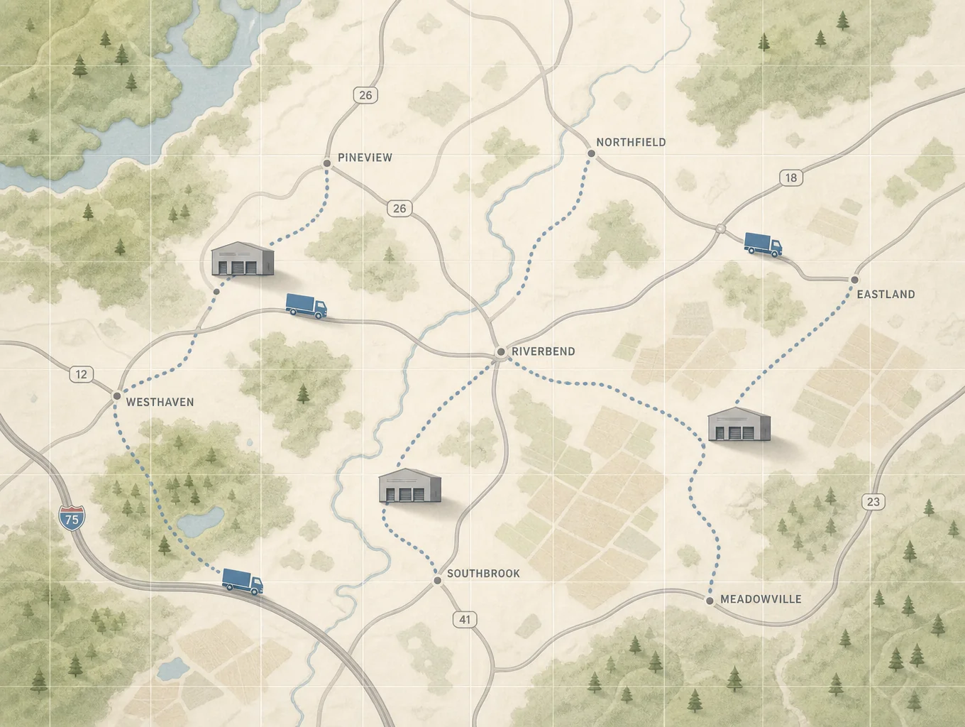 Industrial fulfillment tracking map with gold dotted polyline showing logistics