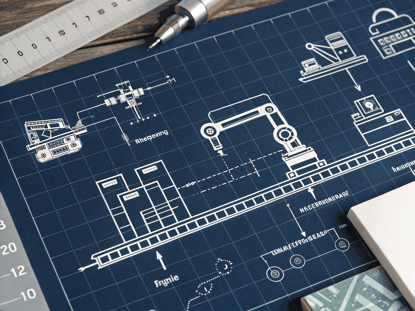 Industrial fulfillment workflow map with gold dotted polyline showing production stages
