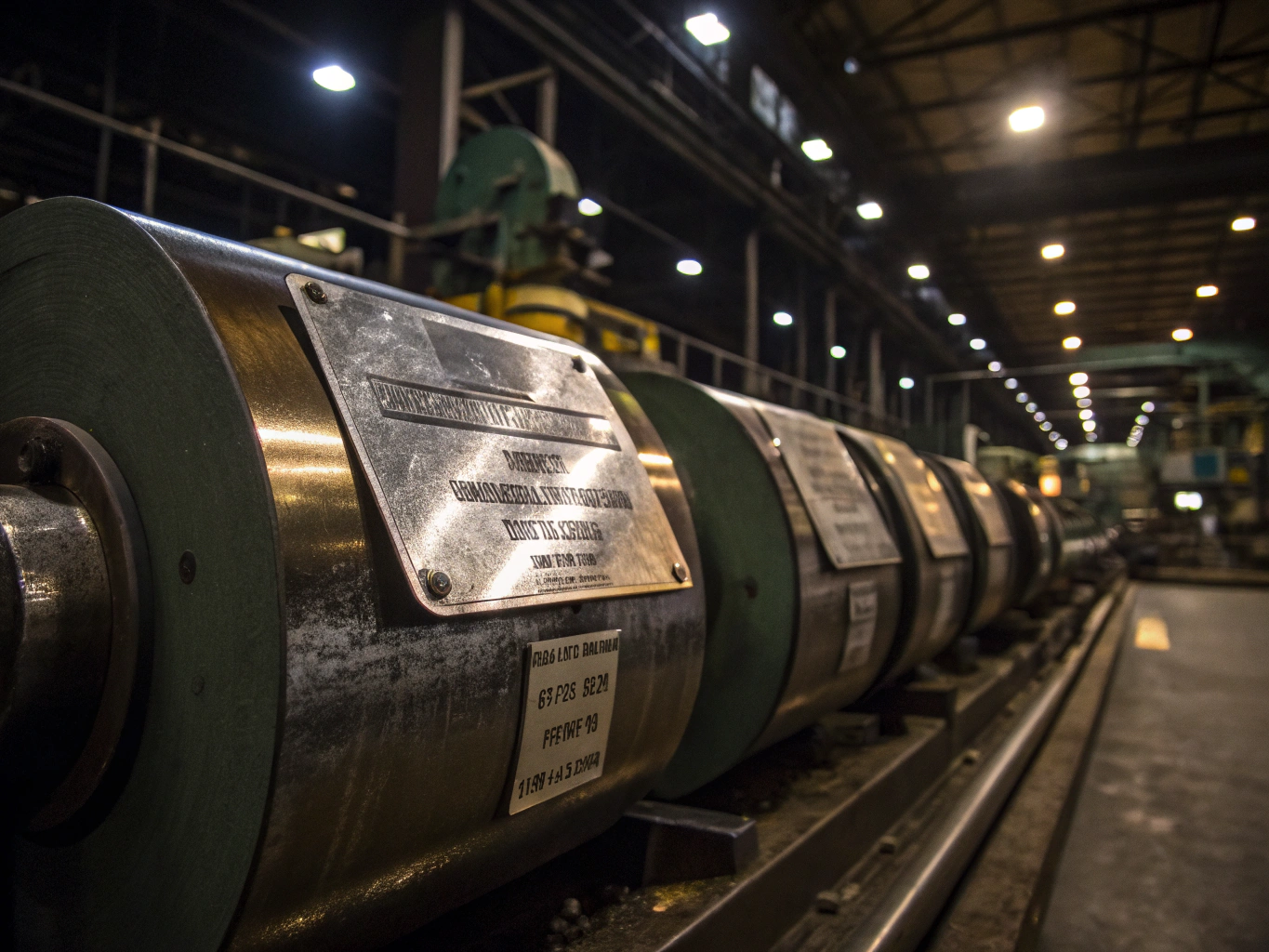 Industrial laser engraved labels mounted on heavy machinery in a manufacturing facility