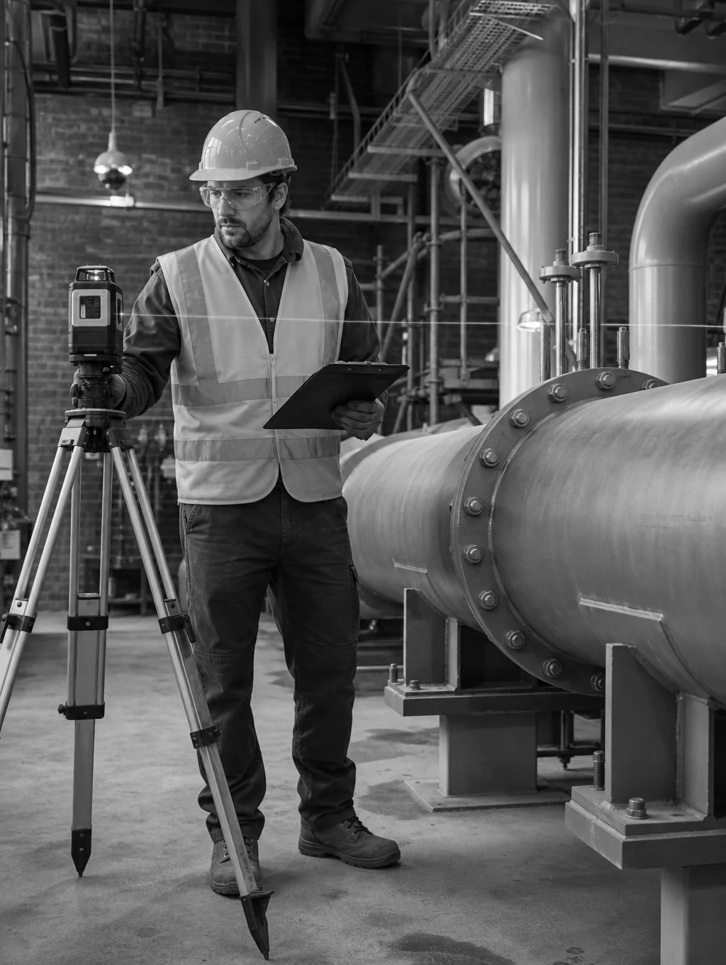 Technician installing industrial pipe markers in a manufacturing facility