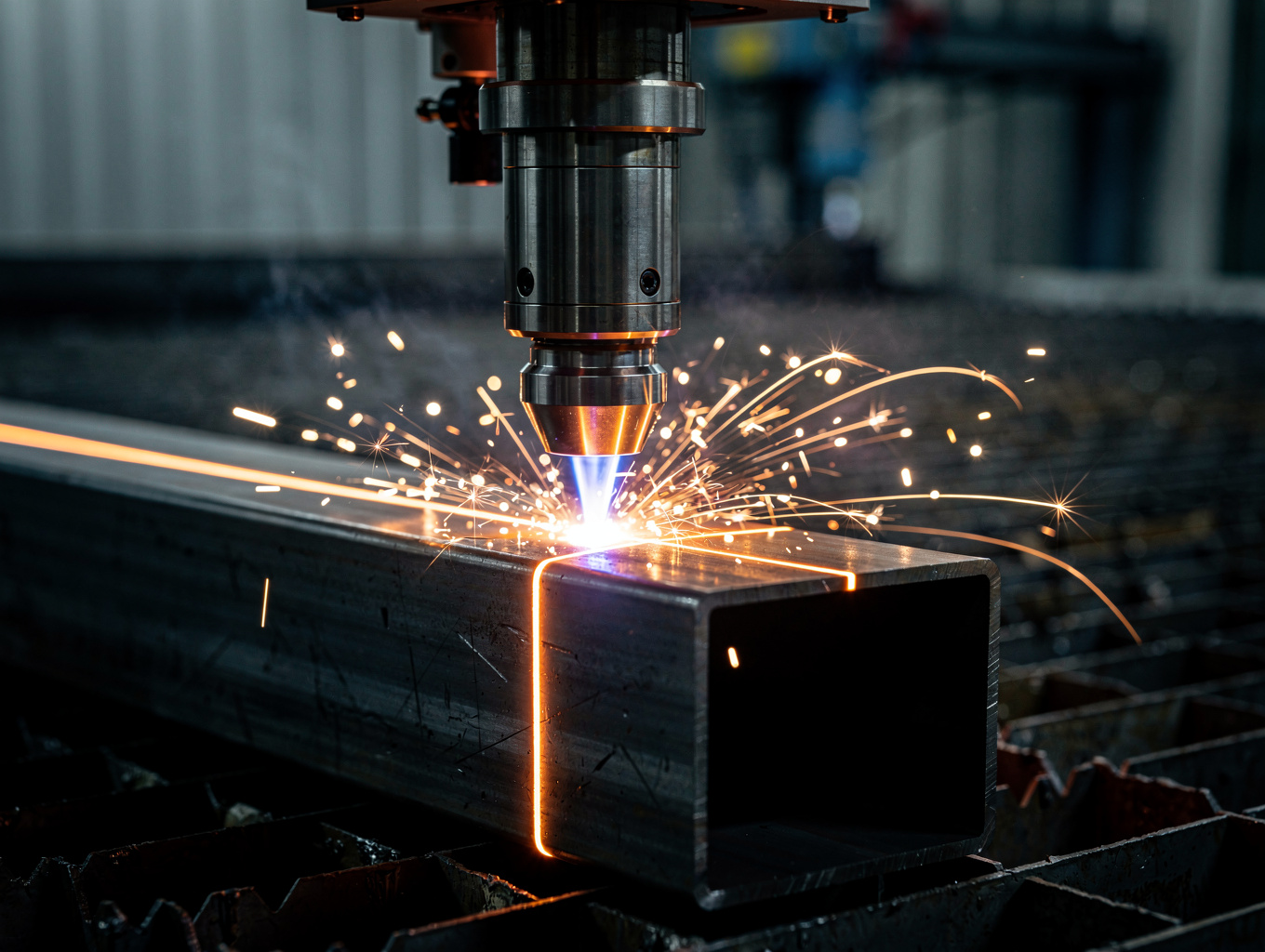 Close-up of industrial laser engraving process on metal surface showing precision and detail