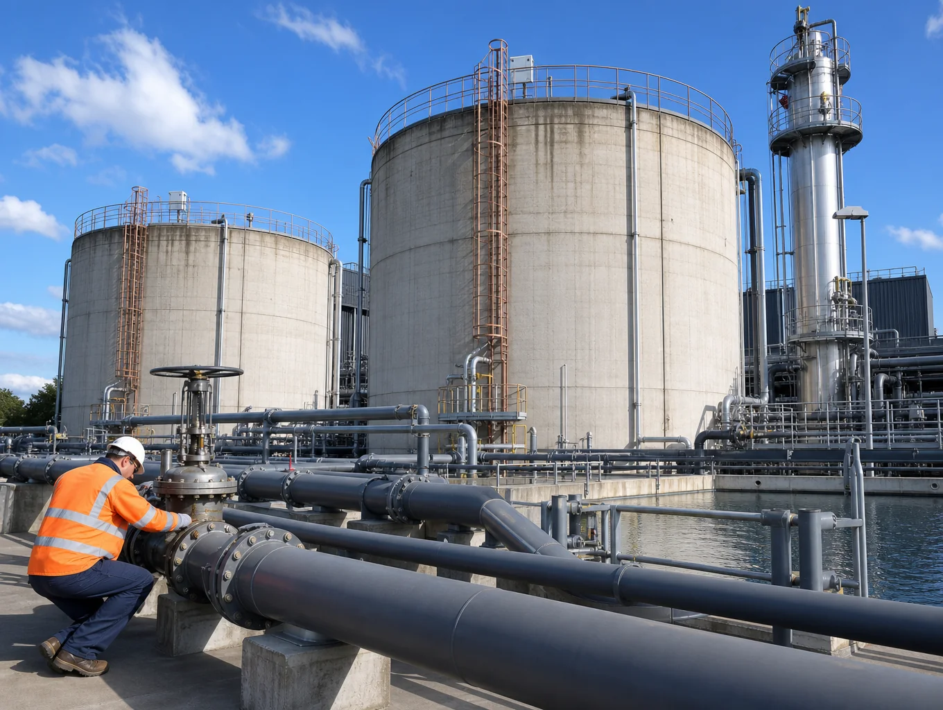 Industrial water treatment plant infrastructure with stainless steel piping and filtration systems.