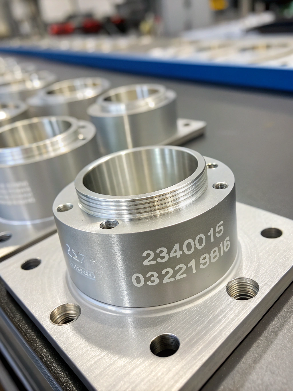 Close-up of a laser-etched serial number on a machined metal component