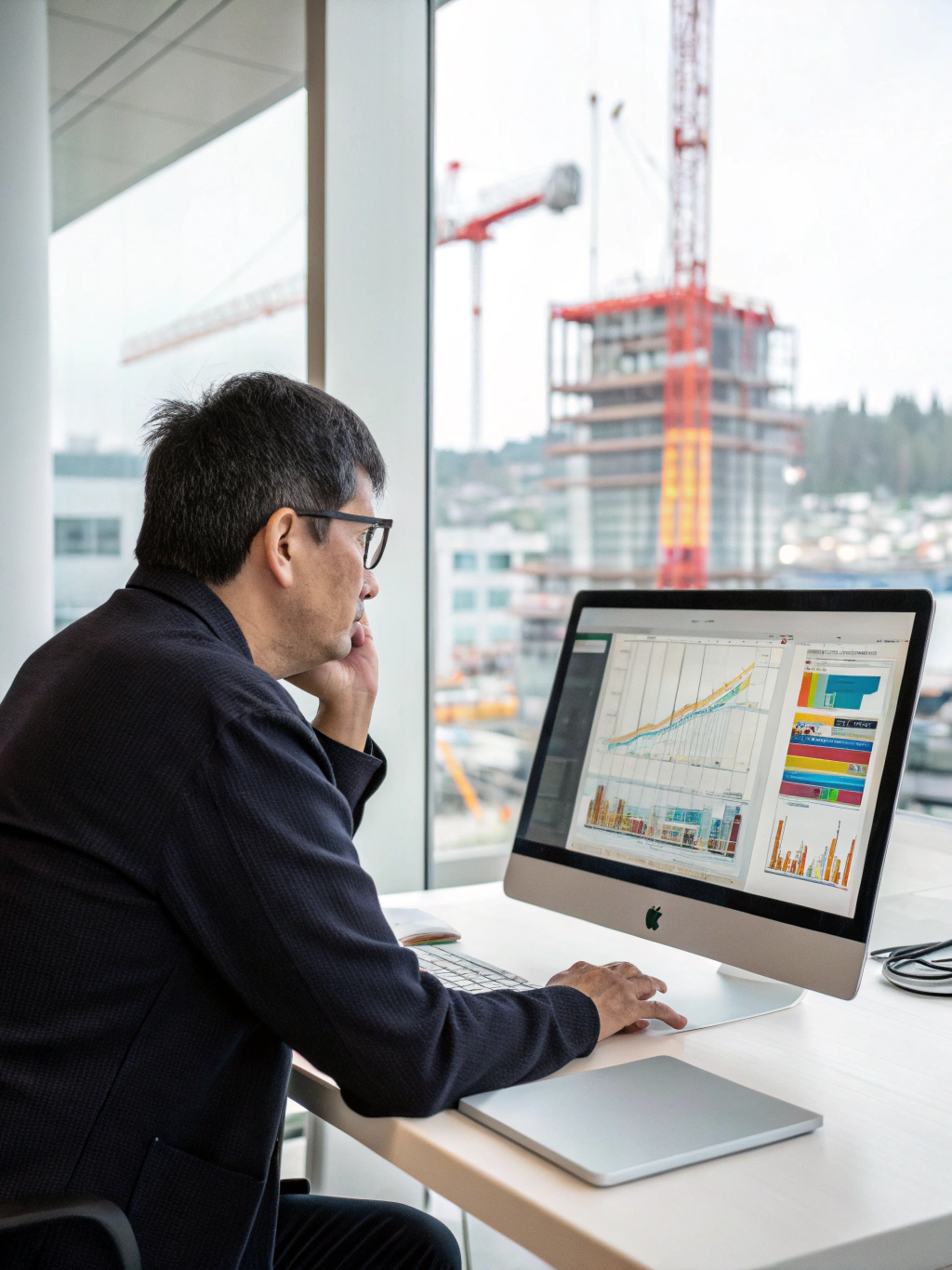 Professional reviewing technical construction documents and material submittals in a modern office