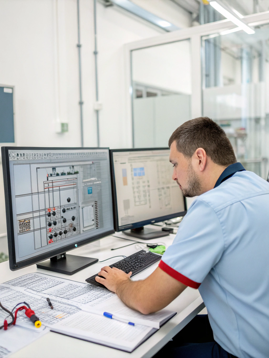 Engineer reviewing CAD file on monitor